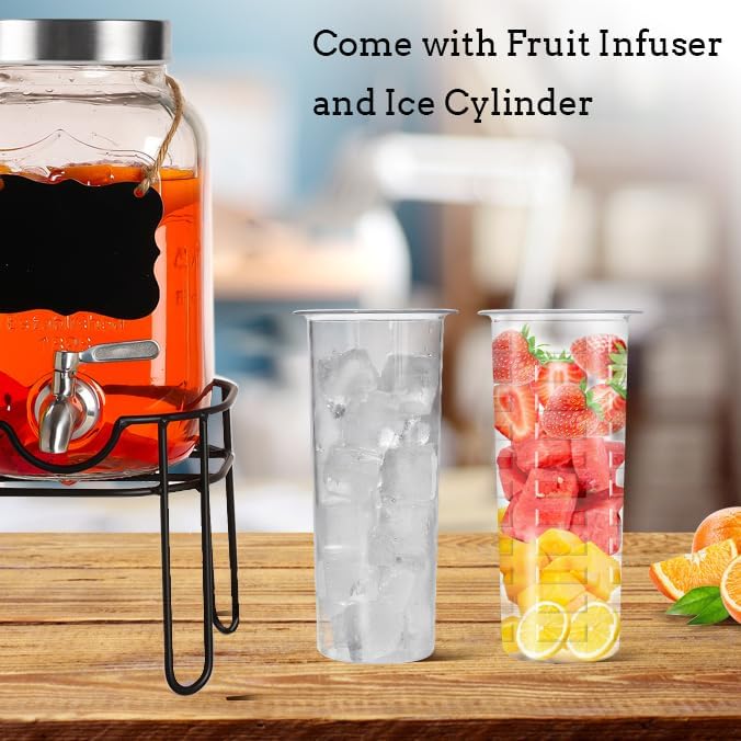 Drink Dispenser,2PACK Glass Drink Dispensers for Parties,1 Gallon Beverage Dispenser with Stand, Stainless Steel Spigot Leak proof,Come with Ice Cylinder,Fruit Tube and 2 Rubber Mats - Image 5