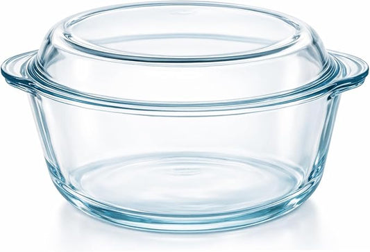 Ums 3.3 Quart Glass Casserole Dish with Lid, Round Glass Baking Dishes for Oven with Lid, Round Covered Casserole Dish, Microwave and Dishwasher Safe Clear Bakeware