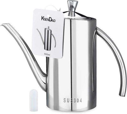 KSENDALO Premium SUS304 Stainless Steel Olive Oil Bottle Dispenser & Kitchen Cruet (500ML/17oz) - Leakproof Oil Bottle with Spout & Arcuate Handle, Ergonomic ONE-Piece Body with Precision Pouring by KSENDALO