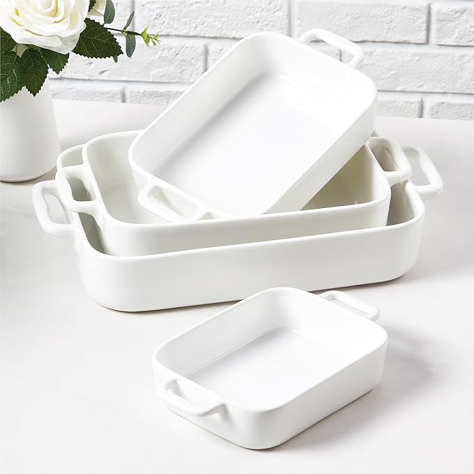 ONEMORE Casserole Dishes for Oven,9.5"x15.4" Baking Dishes Set of 4,Ceramic Bakeware Sets with Handles for Cooking, Baking,Serving, Wedding and Gifting, Baking Pan White , Microwave & Dishwasher Safe(7.5"/11.2"/13.4"/15.4") by ONEMORECeramics