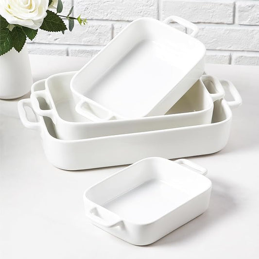 ONEMORE Casserole Dishes for Oven,9.5"x15.4" Baking Dishes Set of 4,Ceramic Bakeware Sets with Handles for Cooking, Baking,Serving, Wedding and Gifting, Baking Pan White , Microwave & Dishwasher Safe(7.5"/11.2"/13.4"/15.4") by ONEMORECeramics