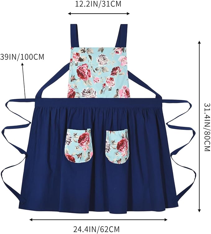Pinknoke Vintage Pinafore Apron Dress for Women with Pockets Cute Floral Chef Aprons for Kitchen Cooking Baking Gardening - Image 4