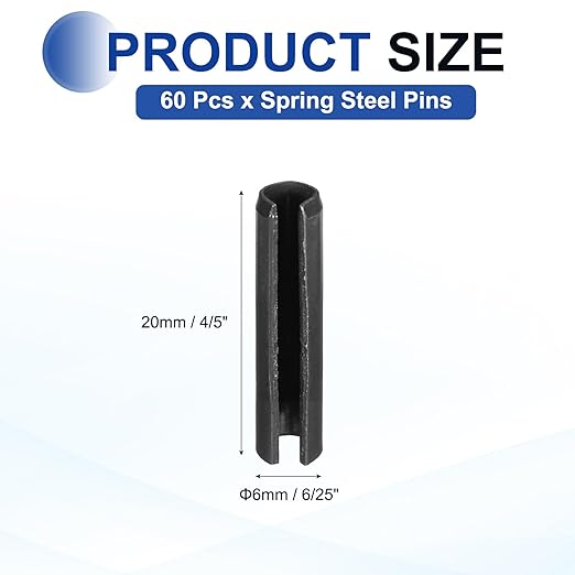 MECCANIXITY 60Pcs Slotted Split Roll Pins 6/25 Inch(6mm) Dia. 4/5 Inch(20mm) Length 65Mn Steel Spring Tension Expansion Dowels for Secure Fastening, Black