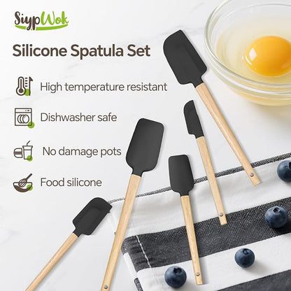 Silicone Spatula Set, Food Grade Rubber Spatula-5 Piece Nonstick Rubber Spatulas, Spoonula, Jar Scraper for Cooking, Baking, Mixing, Frosting - Heat Resistant Up to 600°F (5 Pcs Black) - Image 7