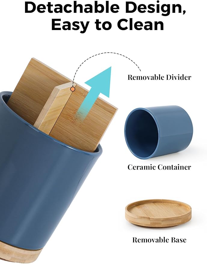 LoeJan 3 Compartment Utensil Holder, Extra Large Utensil Crock, Stable Ceramic Utensil Organizer, Cooking Tool Organizer Set for Kitchen Counter Farmhouse Decor, Blue - Image 4