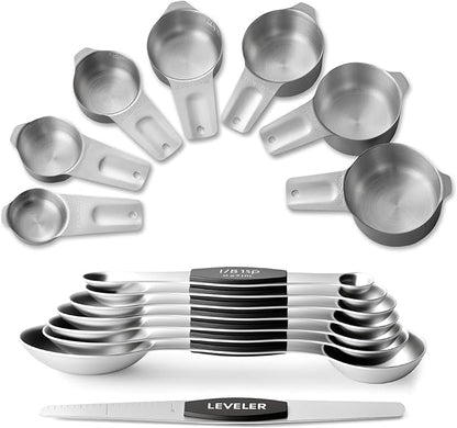 Stainless Steel Measuring Cups & Spoons Set, EWFEN Kitchen Tools Nesting Measuring Cups and Spoons, Fits in Spice Jars for Baking & Cooking, BPA Free, Set of 15 with Leveler, Black by EWFEN
