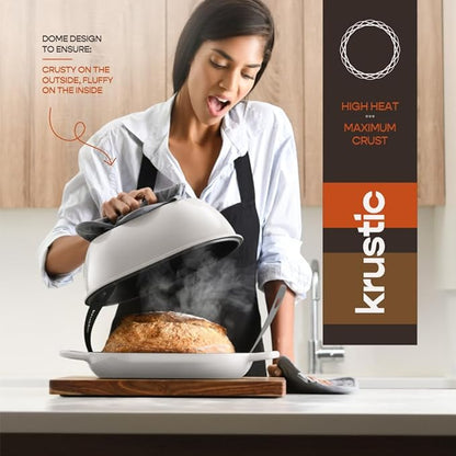 Krustic Enameled Cast Iron Dutch Oven for Professional Sourdough Bread Baking | 5.5 Quart Loaf Size Oval Cookware Pot with Lid | Triple-Layer Enamel Coating Pan with Non Stick Silicone Mat | White