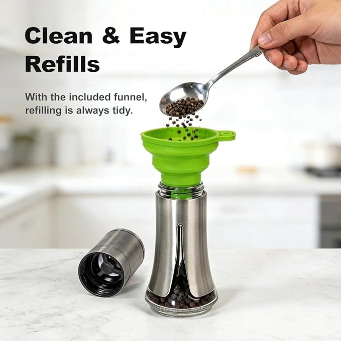 Aelga Salt and Pepper Grinder Set - Manual Pepper Mill with Adjustable Coarseness, Stainless Steel & Glass Salt Grinder Refillable for Kitchen & Dining Table - Image 4