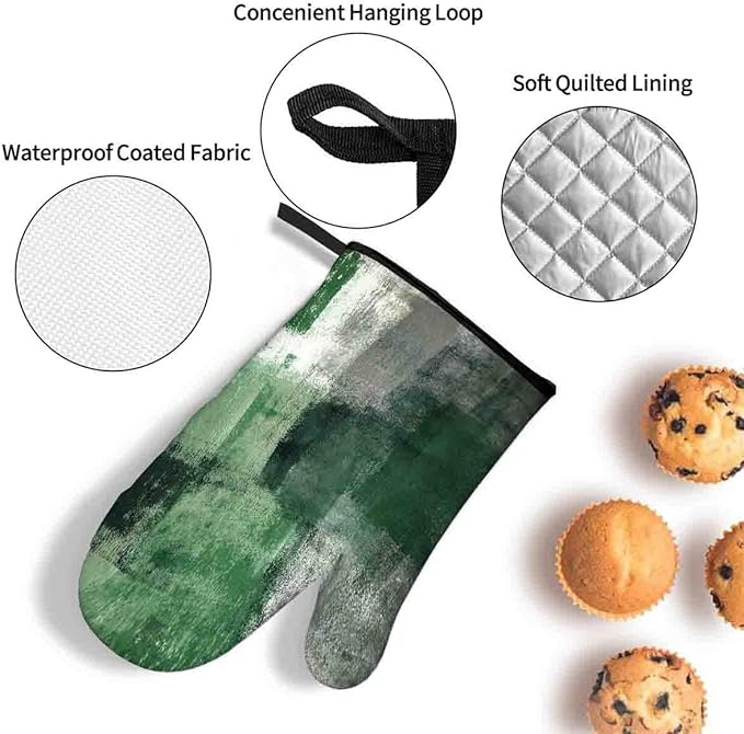 LOKMU Oven Mitts and Pot Holders Set of 3, Emerald Green and Grey White Abstract Art Heat Resistant Kitchen Gloves Hot Pads for Cooking Baking BBQ, Kitchen Decor Gifts for Cooking Lover Cooks