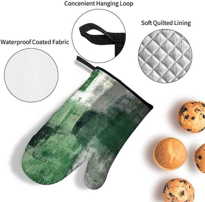 LOKMU Oven Mitts and Pot Holders Set of 3, Emerald Green and Grey White Abstract Art Heat Resistant Kitchen Gloves Hot Pads for Cooking Baking BBQ, Kitchen Decor Gifts for Cooking Lover Cooks
