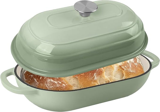 Premium Enameled Cast Iron Dutch Oven for Bread Baking | Non-Stick 5QT Oval Bread Oven with Lid | Perfect for Sourdough, Loaf, and Artisan Baking (Gradient Green, 5 QT)