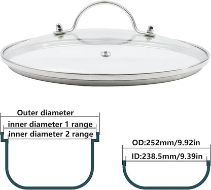 Antrader Tempered Glass Lid,9.5Inch Cookware Glass Replacement Lid For Any Skillet/Frying Pan/Pot (Interior Diameter: 9.39inch, Exterior Diameter: 9.92inch)