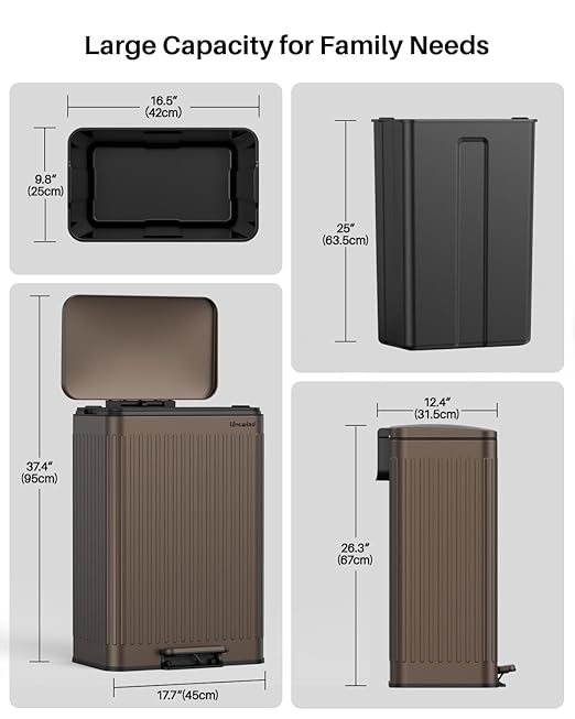 Lovewind 60 Liter/ 16 Gallon Stainless Steel Trash Can with Soft-Close Lid, Large Footstep Garbage Can with Roman Texture, Removable Inner Buckets, Recycling Bin for Kitchen Office, Brown