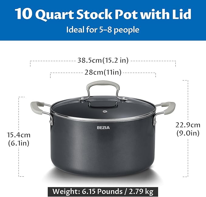 10 Quart Nonstick Stock Pot with Lid - BEZIA Ceramic Large Soup Pot, Big Pot with Silicone Handles, Easy Cleanup, Compatible with All Cooktops, Perfect for Roasts, Large Batches & Holiday Cooking - Image 7