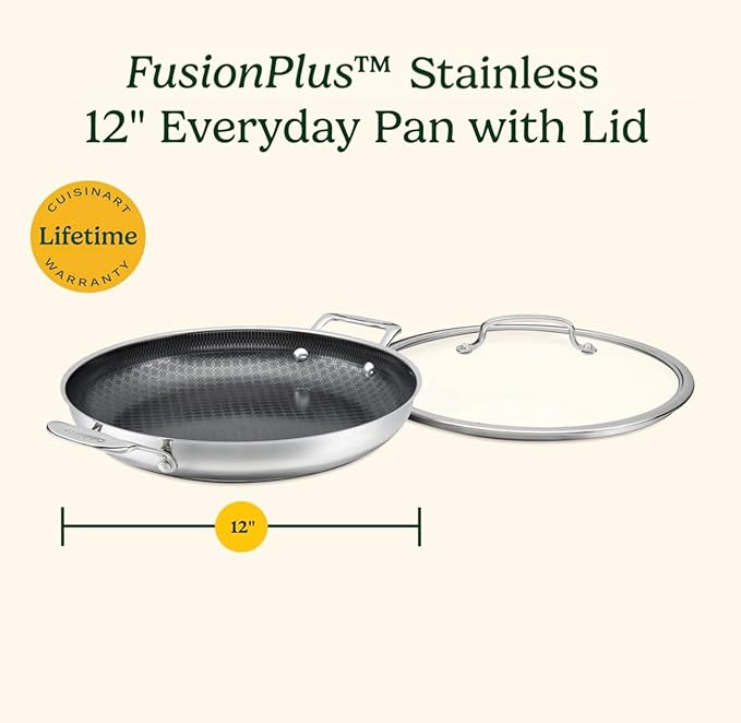 Cuisinart FusionPlus Hybrid Stainless Steel Cookware, 12-Inch Everyday Pan with Cover, PFAS-Free PURELYSEAR Ceramic Technology, Scratch Proof, Wide Grip Handles, Dishwasher Safe