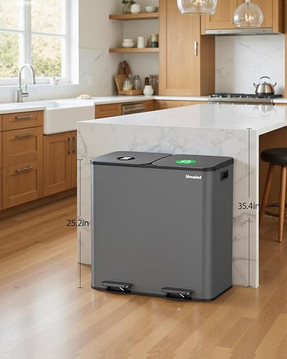 Lovewind Trash Can, 2 x 10.5 Gallon (2 x 40 L) Garbage Can for Kitchen Dual Compartment Recycling Kitchen Step Trash Bin, Stainless Steel Trash and Recycle Bin Combo with Soft-Close Lid, Grey - Image 2