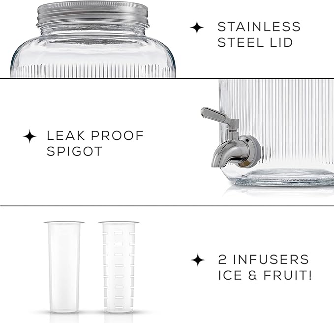 Fluted 1-Gallon Drink Dispenser. Glass Beverage Dispenser with Stainless steel Spigot plus Ice Cylinder and Fruit Infuser! Water Dispenser, Lemonade Stand, Juice Container - Dispensers for Parties