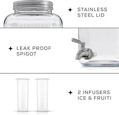 Fluted 1-Gallon Drink Dispenser. Glass Beverage Dispenser with Stainless steel Spigot plus Ice Cylinder and Fruit Infuser! Water Dispenser, Lemonade Stand, Juice Container - Dispensers for Parties