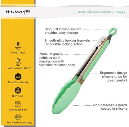 HINMAY Stainless Steel Kitchen Cooking Tongs with Silicone Tips 9-Inch Serving Tongs, Set of 3 (Mint Pink Yellow) - Image 2