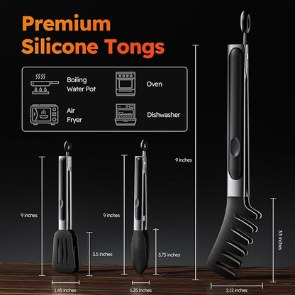 HST Tongs for Cooking with Silicone Tips(3 Pack), Non Stick Kitchen Tongs with Silicone Tip for Cooking BBQ Baking (9", Black) - Image 2