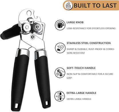 Can Opener Manual Heavy Duty - Hand Held Strong Can Openers for Seniors with Oversized Turn Knob, Soft Grip Sharp Blade, Solid Steel Hand Manual Can Open for Kitchen & Camping