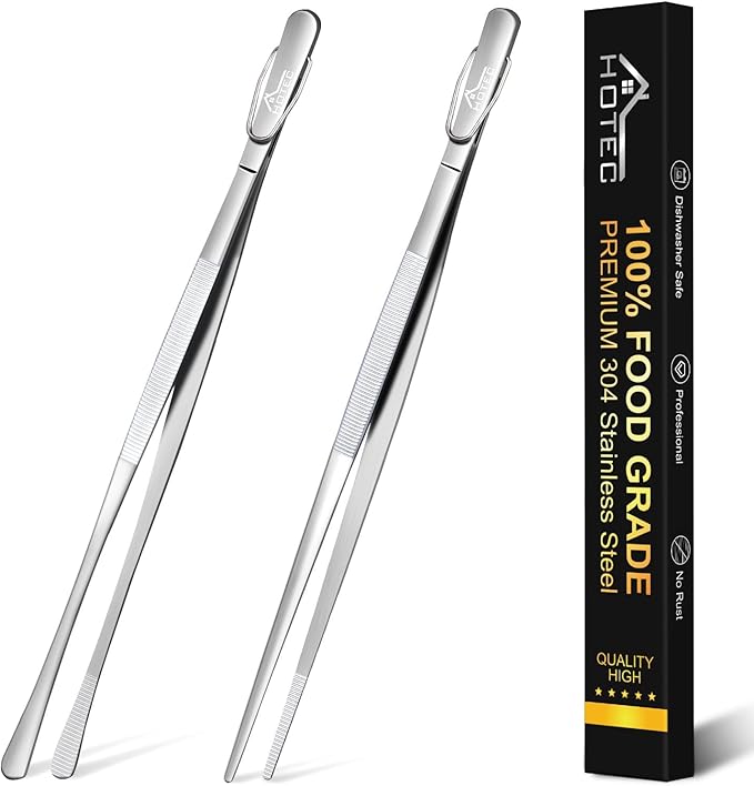 HOTEC Kitchen Tweezers Tongs Stainless Steel Professional Chef Tweezers, Set of 2-12inch Extra-Long Food Tongs for Cooking,Grill and Baking by Hotec