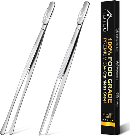 HOTEC Kitchen Tweezers Tongs Stainless Steel Professional Chef Tweezers, Set of 2-12inch Extra-Long Food Tongs for Cooking,Grill and Baking by Hotec