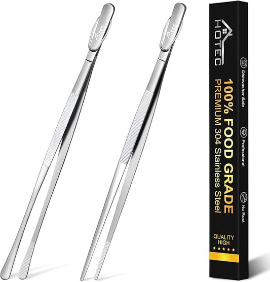 HOTEC Kitchen Tweezers Tongs Stainless Steel Professional Chef Tweezers, Set of 2-12inch Extra-Long Food Tongs for Cooking,Grill and Baking by Hotec