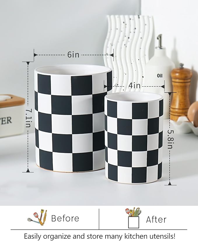 Checkered Kitchen Utensil Holder - 7.1"+5.8" Ceramic Utensil Crock for Countertop, Kitchen Decor and Accessories for counte (Black) - Image 5