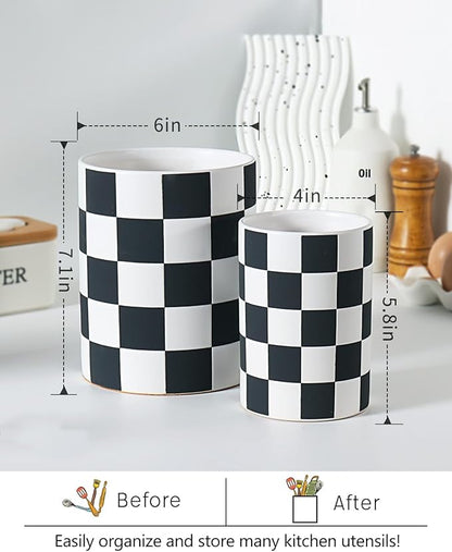 Checkered Kitchen Utensil Holder - 7.1"+5.8" Ceramic Utensil Crock for Countertop, Kitchen Decor and Accessories for counte (Black) - Image 5