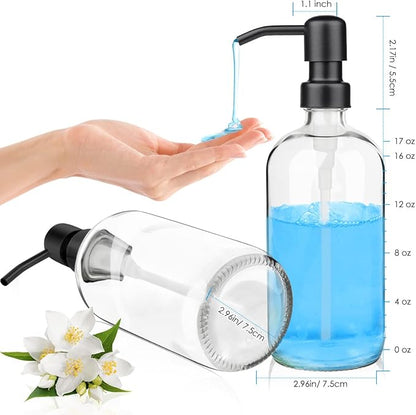 ARKTEK 2 Pack Refillable Glass Soap Dispenser - Rust Proof Stainless Steel Pump, 17 Oz/ 500 ML, Black - Image 2