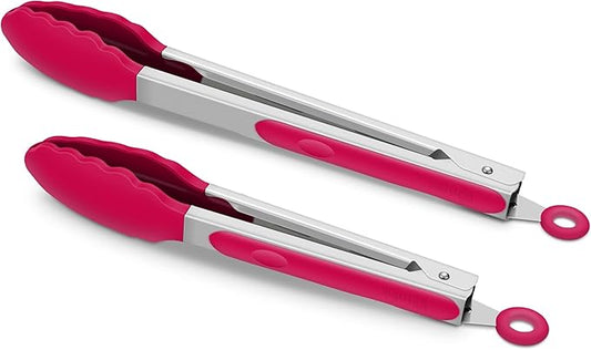 2 Pack Silicone Kitchen Tongs – 9" & 12" Set, Heat Resistant up to 500°F, Non‑Stick Cookware Safe, Wavy Silicone Tips, BPA Free, Locking Clip & Hanging Loop, Wine Red by ALLWIN-HOUSEWARE