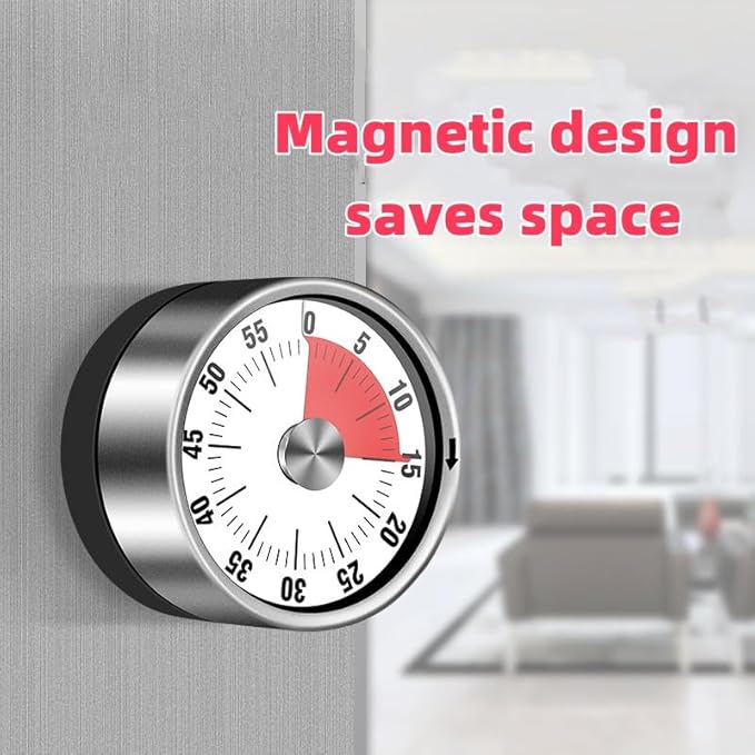 Mechanical Kitchen Timer, 60-Minute Wind Up Countdown Timer with Magnetic Back, Stainless Steel, Loud Alarm, Red White for Cooking Baking Classroom