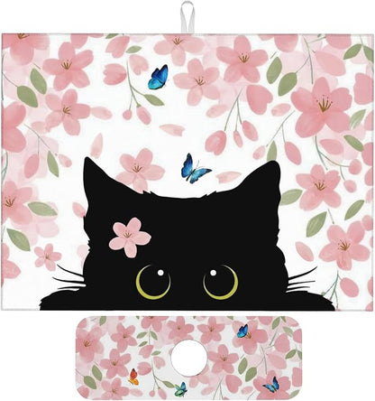 Flowers Black Cat Butterfly Dish Drying Mat for Kitchen Counter, 18"x24" Microfiber Absorbent Fast Dry Mat, 2Pcs Dish Mat Faucet Mats Sets, Large Drying Kitchen Mat Kitchen Drying Pad Coffee Bar Decor