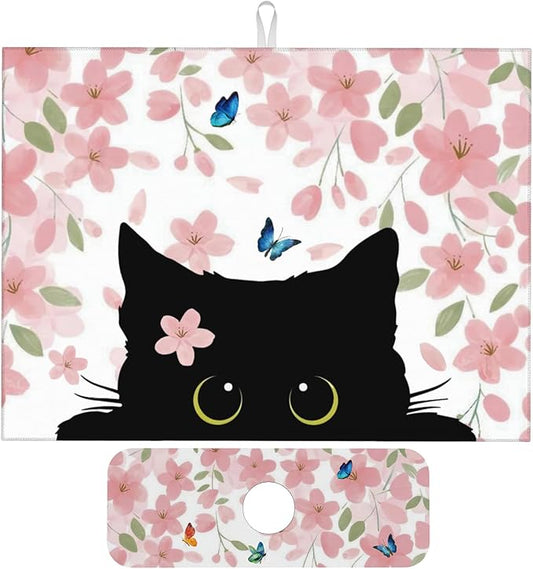 Flowers Black Cat Butterfly Dish Drying Mat for Kitchen Counter, 18"x24" Microfiber Absorbent Fast Dry Mat, 2Pcs Dish Mat Faucet Mats Sets, Large Drying Kitchen Mat Kitchen Drying Pad Coffee Bar Decor