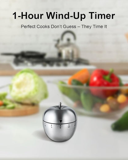 Kitchen Timer for Cooking, 60 Minutes Mechanical Timer - No Batteries Required, Stainless Steel Apple-Shape Cute Countdown Clock for Cooking, Learning, Exercises, Gaming