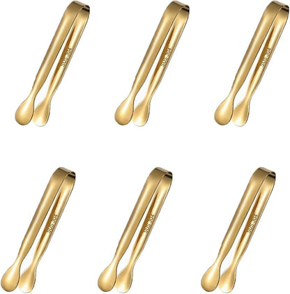 6 PCS Gold Sugar Tongs Set – 304 Stainless Steel Mini Tongs for Tea Parties, Desserts & Sugar Cubes | Elegant, Dishwasher Safe, Rounded Edges by Letingoo