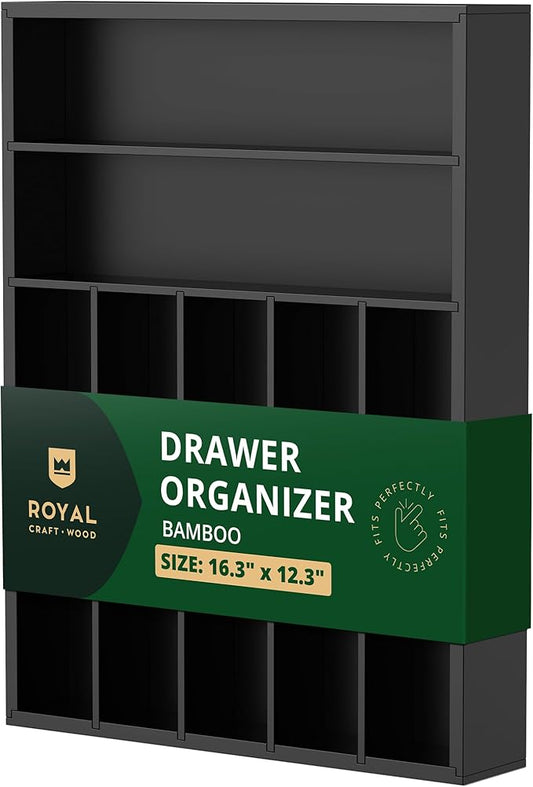 ROYAL CRAFT WOOD Luxury Bamboo Kitchen Drawer Organizer - Silverware Organizer - Utensil Holder and Cutlery Tray with Grooved Drawer Dividers for Flatware and Kitchen Utensils (7 Slot, Black) by RoyalCraftWood