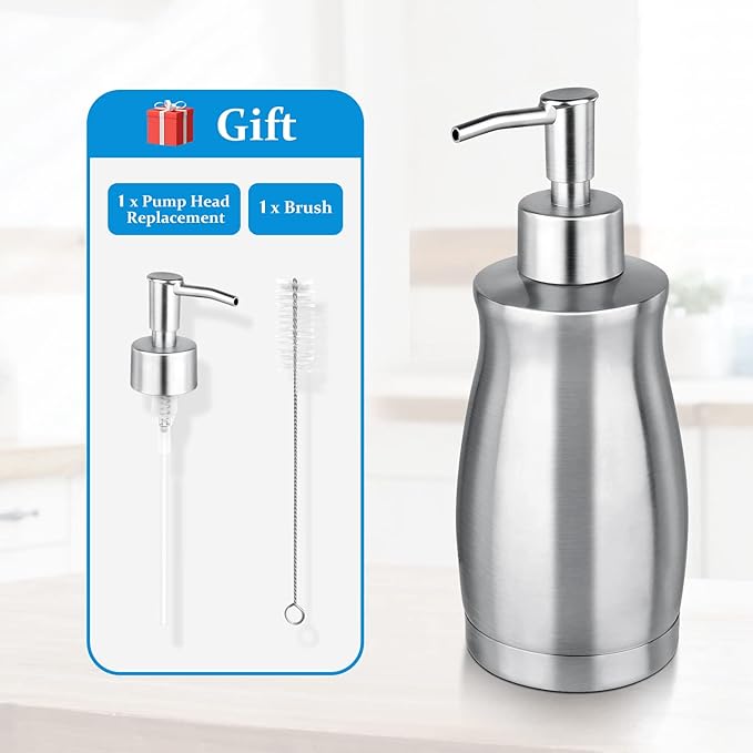 Soap Dispenser Stainless Steel - Brushed Nickel Pump Dispenser Bottle Refillable Liquid Hand Dish Soap Dispenser for Bathroom, Kitchen, Countertop, Silver (13.5 Oz / 400ML) - Image 2