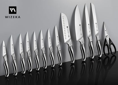WIZEKA Kitchen Knife Set with Block: 15PCS German Stainless Steel Knife Block Set,One-Piece Design Knives Set for Kitchen, Professional Knife Set with Built-in Sharpener,Starry Sky Series Mothers Day