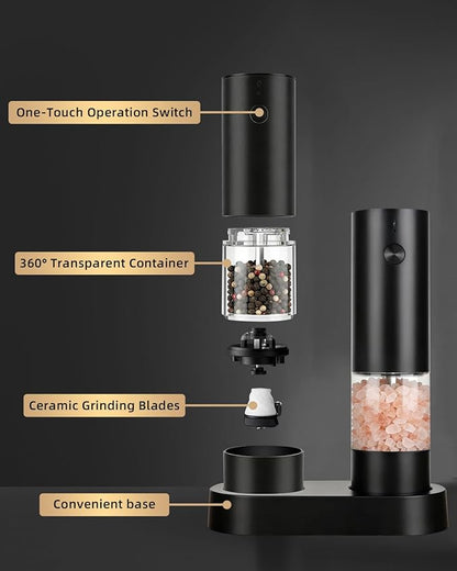 Electric Salt and Pepper Grinder Set Rechargeable, Automatic Salt and Pepper Shakers Mill Refillable, One Hand Operation Adjustable Coarseness, Kitchen Gadgets, House Warming Gifts New Home