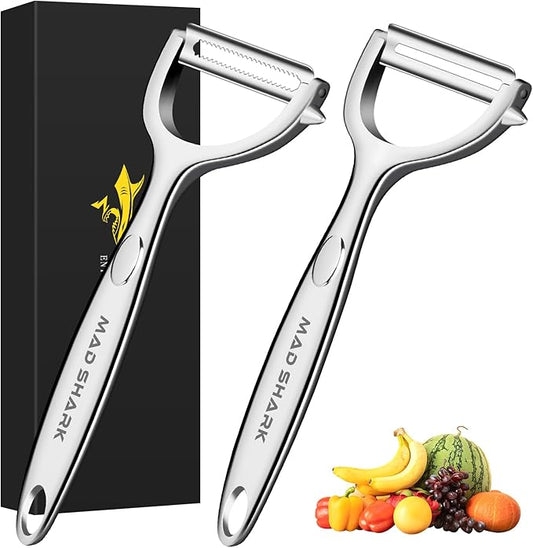 MAD SHARK Ultra Sharp Vegetable Peelers for Kitchen Fruit Apple Potato Peelers,Design with Ergonomic Non-Slip Handle, Y-Shaped Stainless Steel Serrated（Flat&Serrated Blade 2pc） by MADSHARK