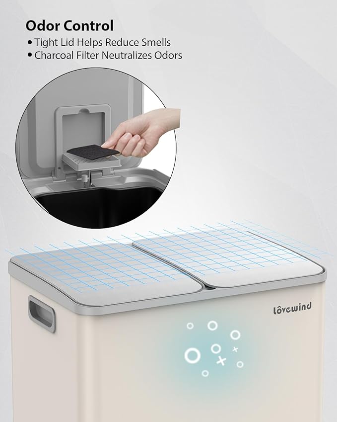Lovewind Kitchen Trash Can, 2 x 8 Gallon (2 x 30 L) Stainless Steel Trash and Recycle Bin Combo with Soft-Close Lid, Dual Compartment Recycling Kitchen Step Trash Bin, Apricot - Image 6
