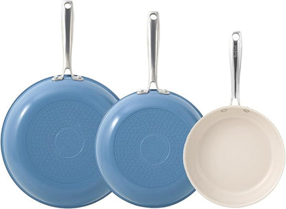 Redchef Non Stick Ceramic Frying Pan Set, Non Toxic Ceramic Pans for Cooking, 8" 9.5" 11" Skillet Set, No PFAS & PTFE & PFOA with Stainless Steel Handle, Dishwasher & Oven Safe Max up to 842°F (Blue) by Redchef