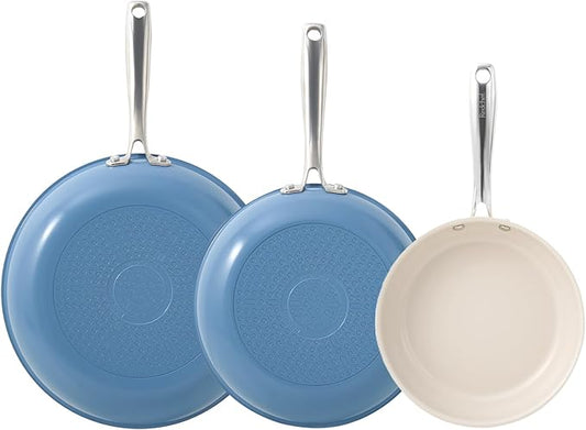 Redchef Non Stick Ceramic Frying Pan Set, Non Toxic Ceramic Pans for Cooking, 8" 9.5" 11" Skillet Set, No PFAS & PTFE & PFOA with Stainless Steel Handle, Dishwasher & Oven Safe Max up to 842°F (Blue) by Redchef