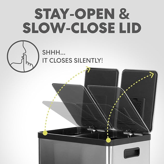Simpli-Magic 16 Gallon (30L x 30L) Dual Compartment Step Trash Can – Kitchen Garbage Can with Slow-Close Lids – Waste & Recycling Bins, Odor Control, Hands-Free, Easy to Clean, Stainless Steel - Image 6