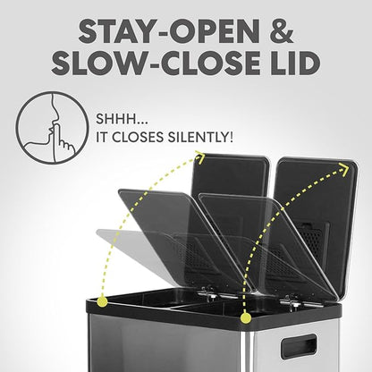 Simpli-Magic 16 Gallon (30L x 30L) Dual Compartment Step Trash Can – Kitchen Garbage Can with Slow-Close Lids – Waste & Recycling Bins, Odor Control, Hands-Free, Easy to Clean, Stainless Steel - Image 6