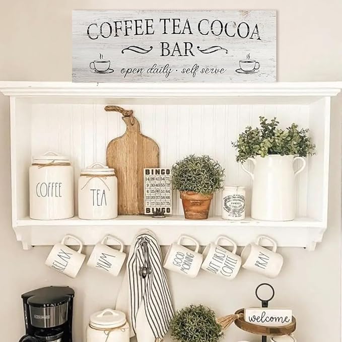 Coffee Tea Cocoa Bar Sign Decor Farmhouse Wall Plaque with Wood Grain Retro Cafe Canvas Prints for Bar Decor Open Daily Self Serve Kitchen Cafe Pub Nook Decoration Accessories 6"x17" - Image 5