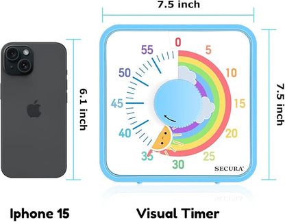 Secura 60-Minute Visual Timer, 7.5 Inch Magnetic Rainbow Countdown Timer for Classroom or Kitchen, Durable Mechanical Timer Clock with Magnetic Backing (Blue & Sun)
