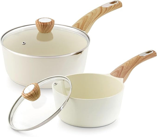 SENSARTE 2.0 & 3.0 Quart Ceramic Sauce Pan Sets with Lid, Cooking Pots Set, Nonstick Saucepan Set with Pour Spout, Small Kitchen Pot, Non toxic Saucepot, Induction Comptable, PFOA PTFE PFAS Free by SENSARTE